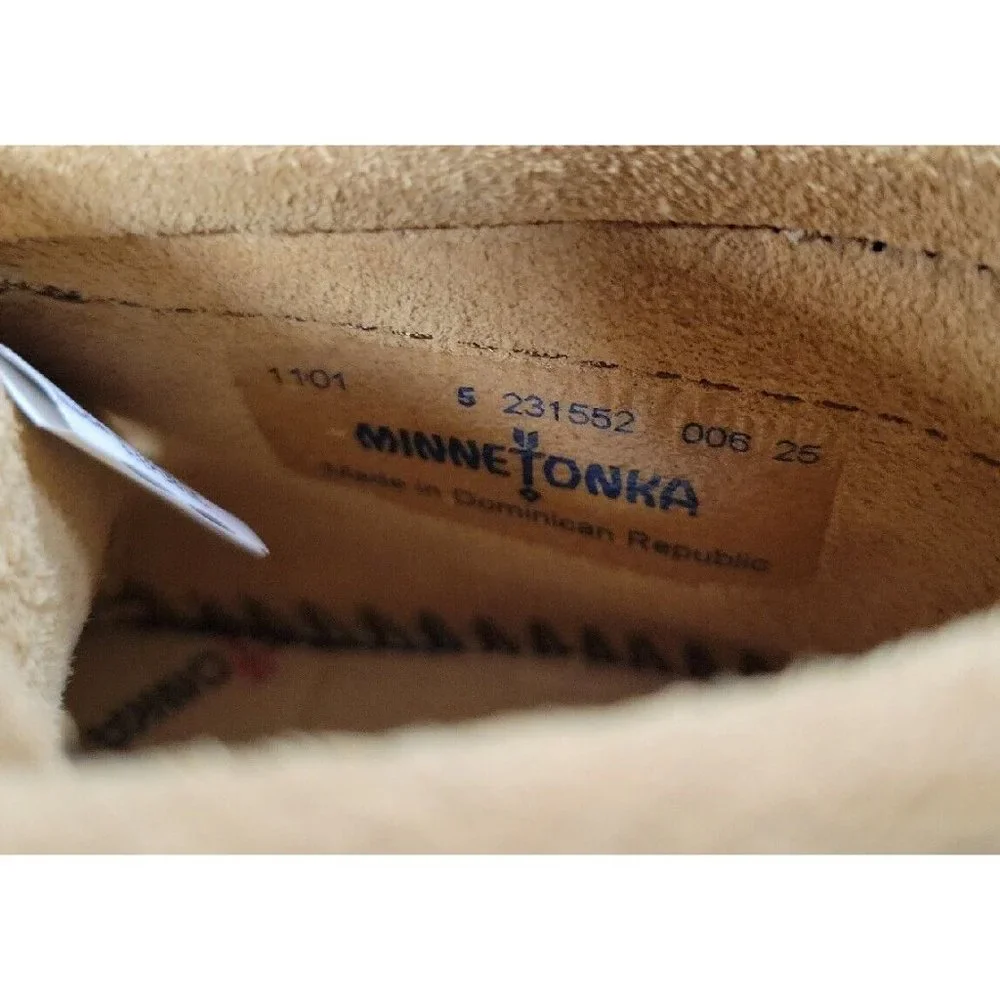 Minnetonka Moccasins 1101‎ - Infants Braid on Cuff Bootie Tan Suede Leather sz 5